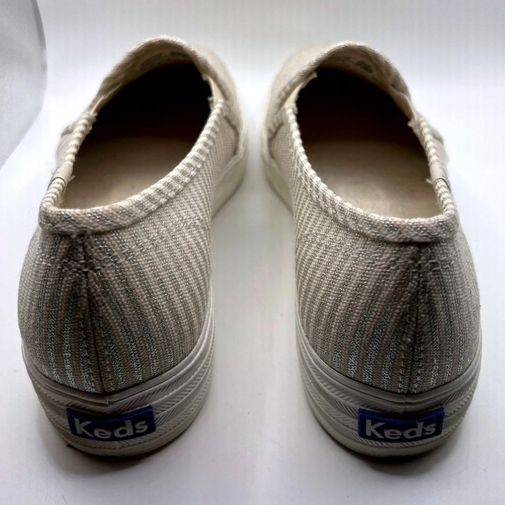 Keds Double Decker Sneaker 7.5 Cream Silver Excellent Striped Metallic Platform
